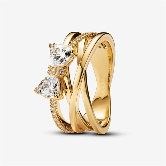 S925 Sterling Silver Sparkling Bow & Crossover Band Ring