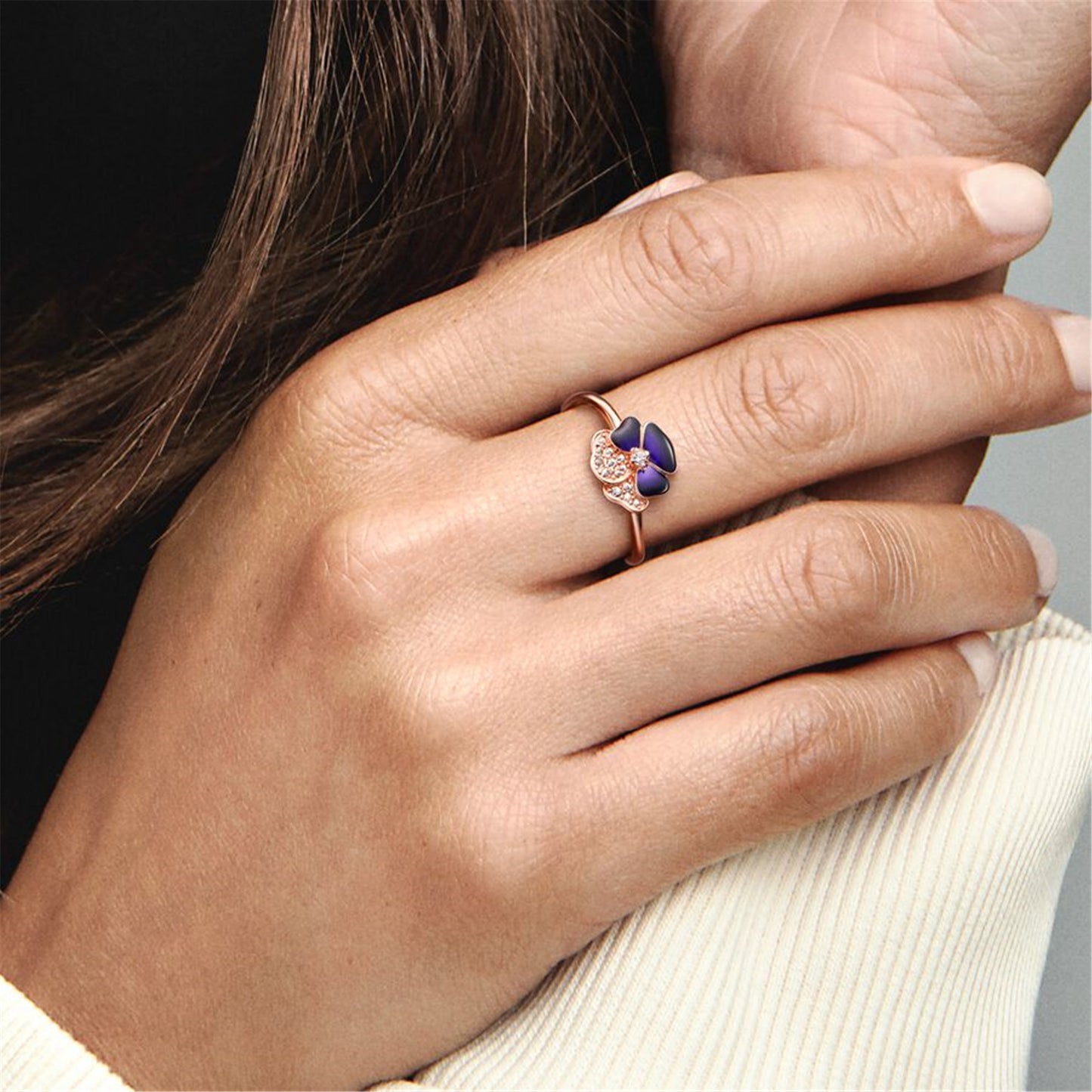 S925 Sterling Silver Deep Purple Pansy Flower Ring