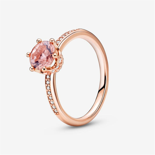 S925 Sterling Silver Pink Sparkling Crown Solitaire Ring
