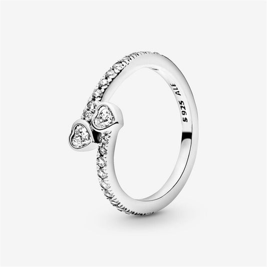 S925 Sterling Silver Two Sparkling Hearts Ring