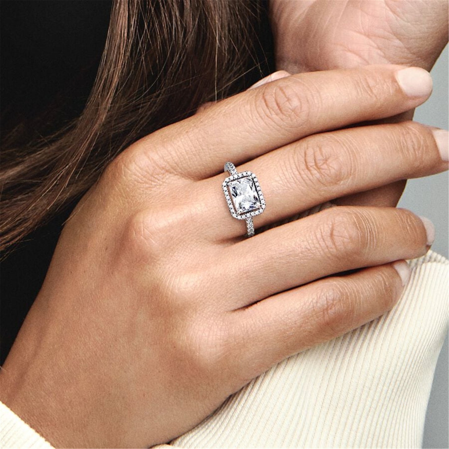 S925 Sterling Silver Rectangular Sparkling Halo Ring