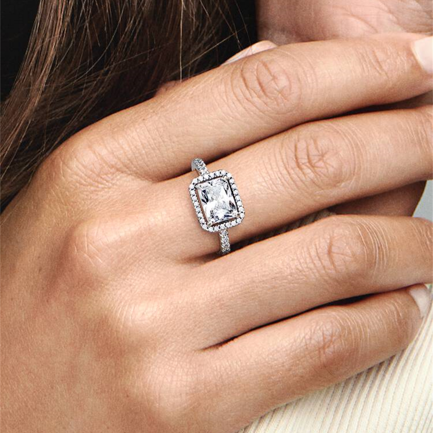S925 sterling silver Rectangular Sparkling Halo Ring