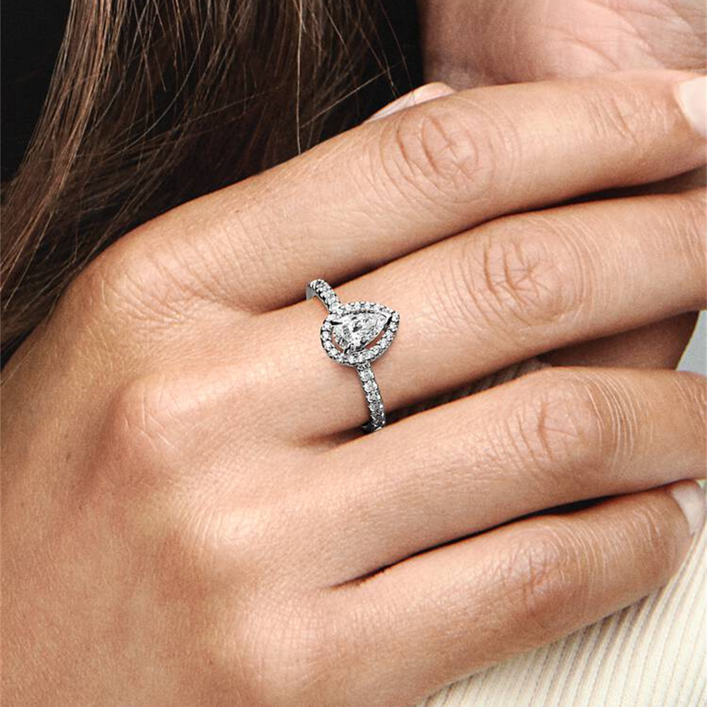 S925 sterling silver Sparkling Pear Halo Ring