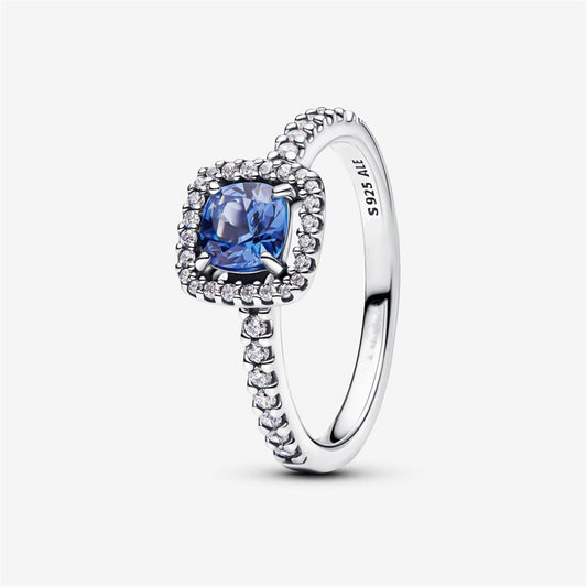 S925 Sterling Silver Sparkling Square Blue Halo Ring