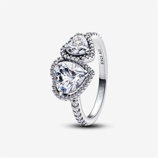 S925 Sterling Silver Sparkling Halo Hearts Ring