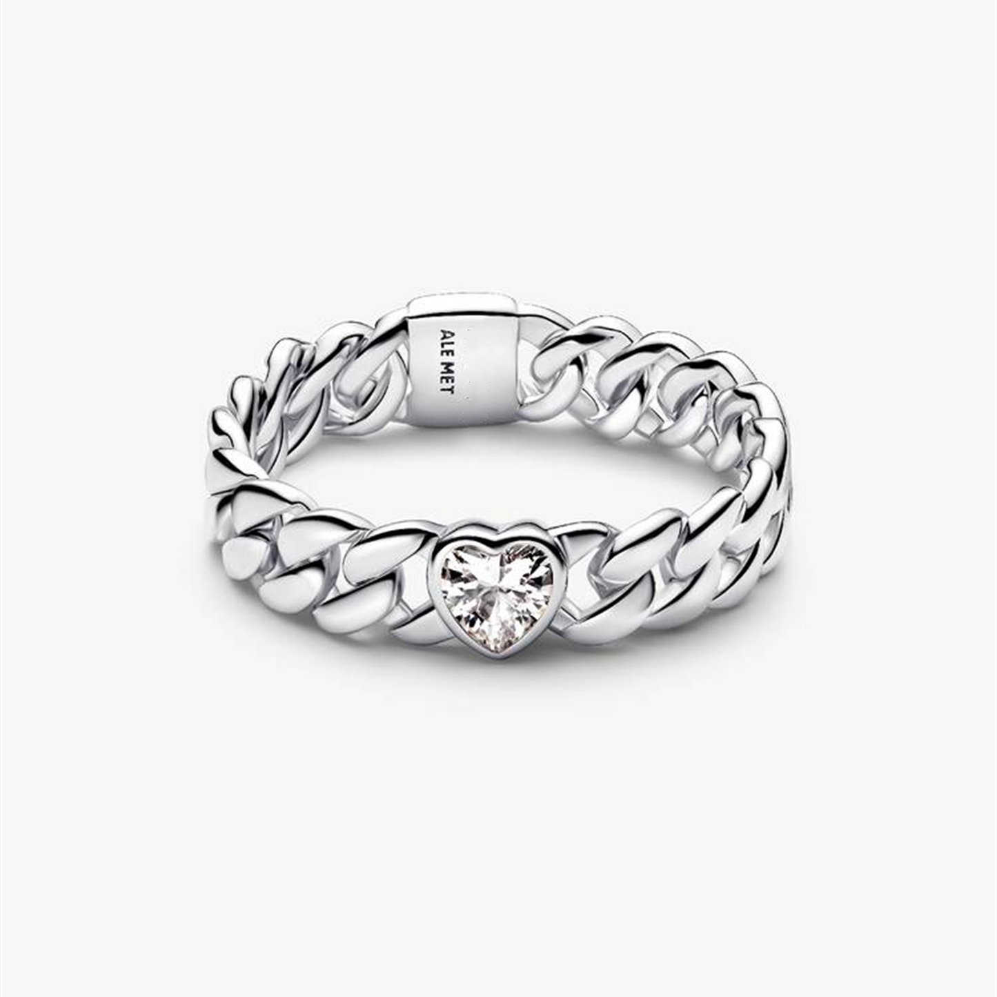 S925 Sterling Silver Heart Cuban Chain Ring,Gift trendy jewelry