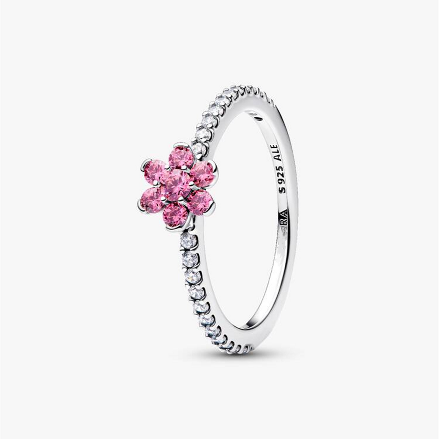 S925 Sterling Silver Sparkling Pink Flower Ring,Gift trendy jewelry