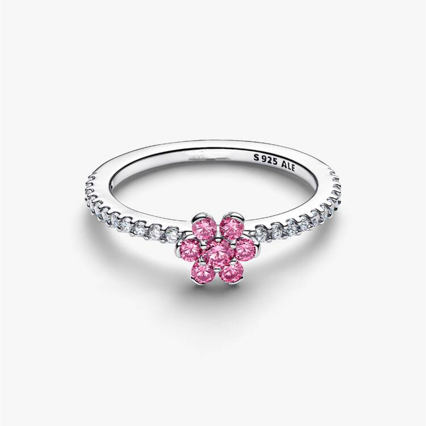S925 Sterling Silver Sparkling Pink Flower Ring,Gift trendy jewelry