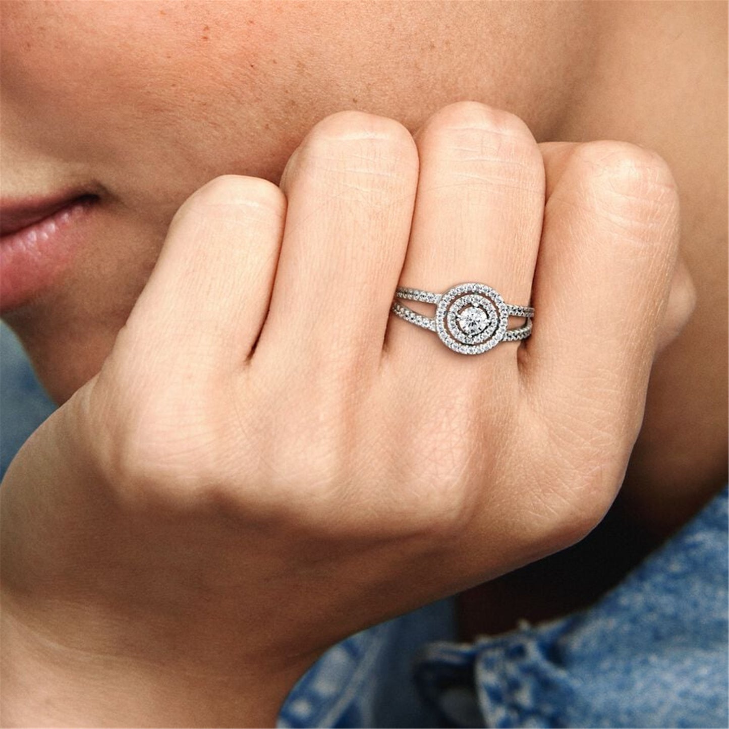S925 Sterling Silver Sparkling Double Halo Ring