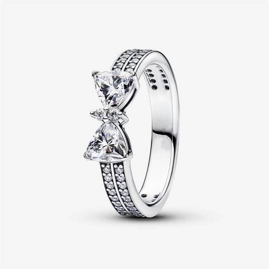 S925 Sterling Silver Sparkling Bow Double-row Ring