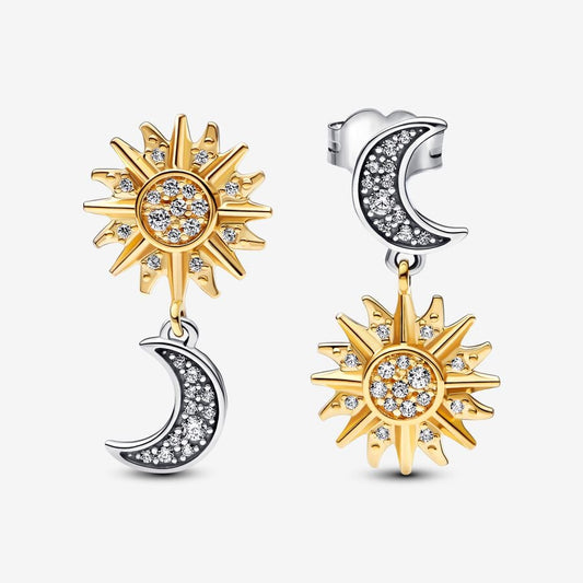 S925 Sterling Silver Two-tone Reversed Sun & Moon Stud Earrings