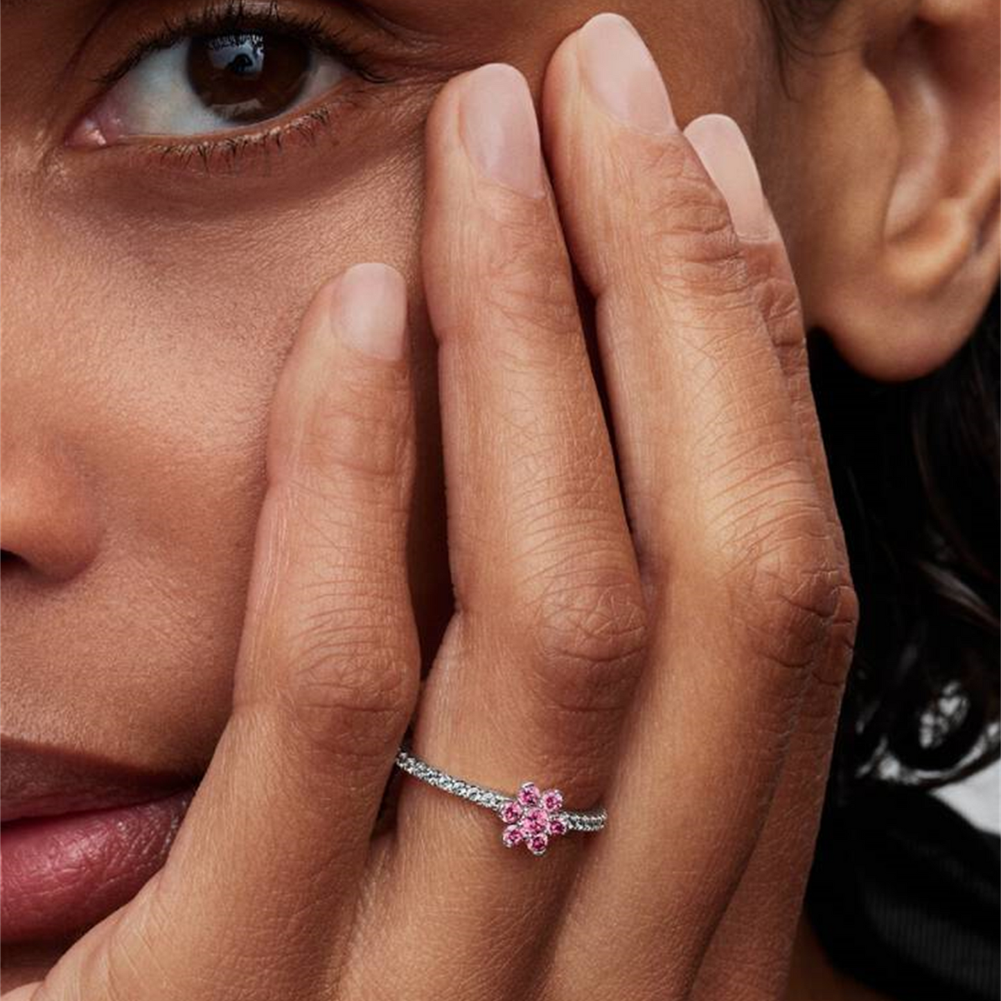 S925 Sterling Silver Sparkling Pink Flower Ring,Gift trendy jewelry