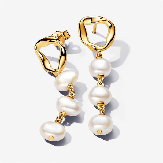 S925 Sterling Silver Organically Shaped Circle & Baroque Treated Freshwater Cultured Pearls Drop Earrings