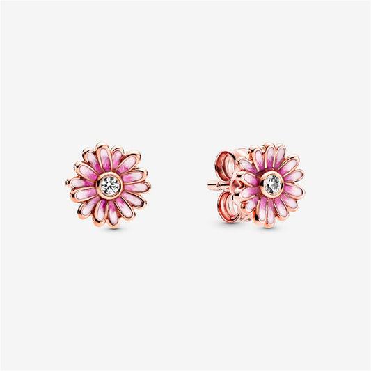 S925 Sterling Silver Pink Daisy Flower Stud Earrings