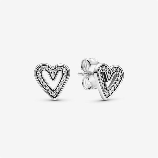 S925 Sterling Silver Sparkling Freehand Heart Stud Earrings
