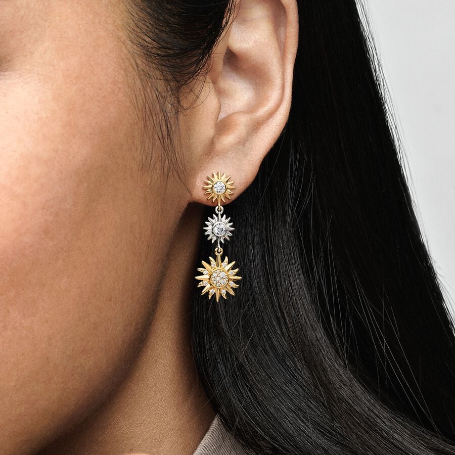 S925 Sterling Silver Two-tone Sparkling Triple Sun Drop Earrings