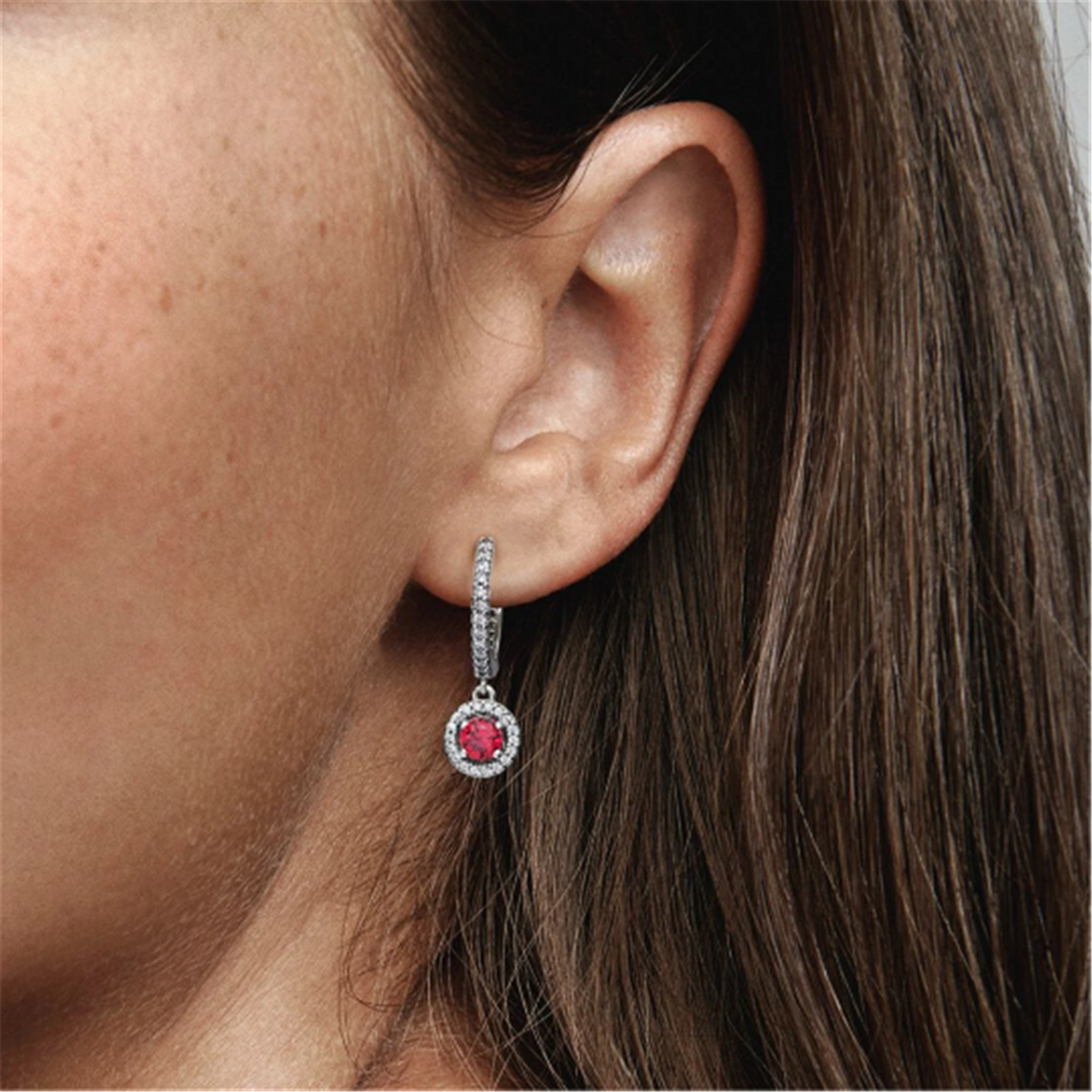 S925 Sterling Silver Red Round Sparkling Hoop Earrings