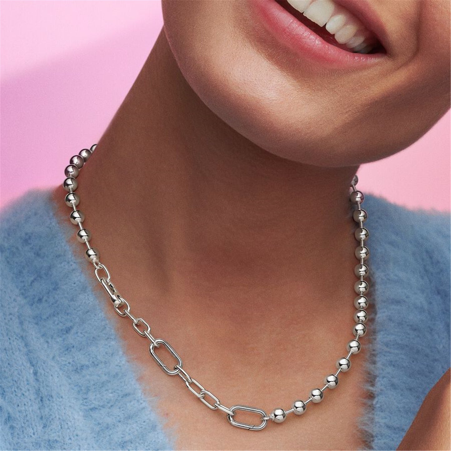 S925 Sterling Silver ME Metal Bead & Link Chain Necklace