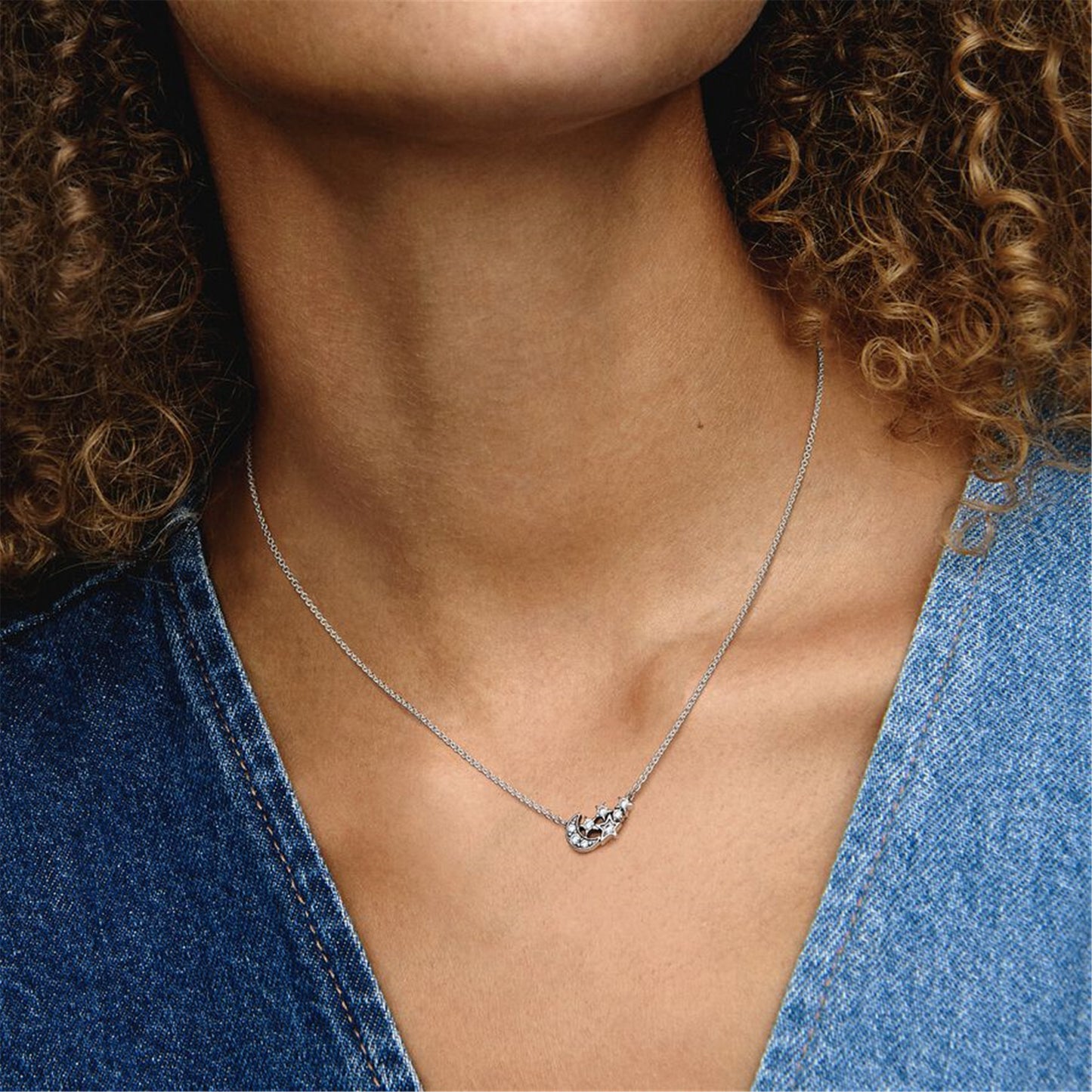 S925 Sterling Silver Sparkling Moon & Star Collier Necklace