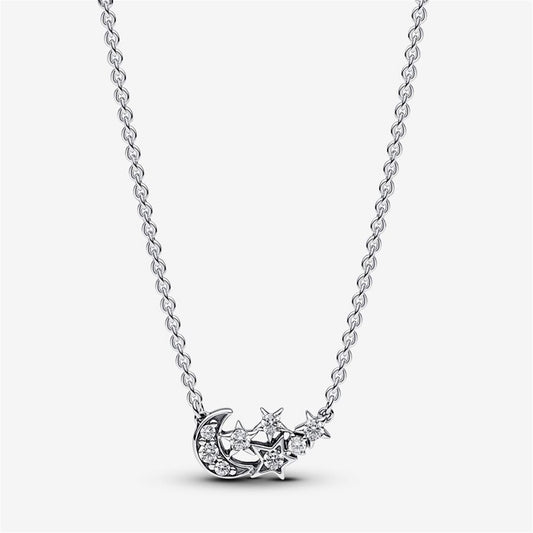 S925 Sterling Silver Sparkling Moon & Star Collier Necklace