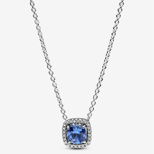 S925 Sterling Silver Sparkling Square Blue Halo Pendant Necklace
