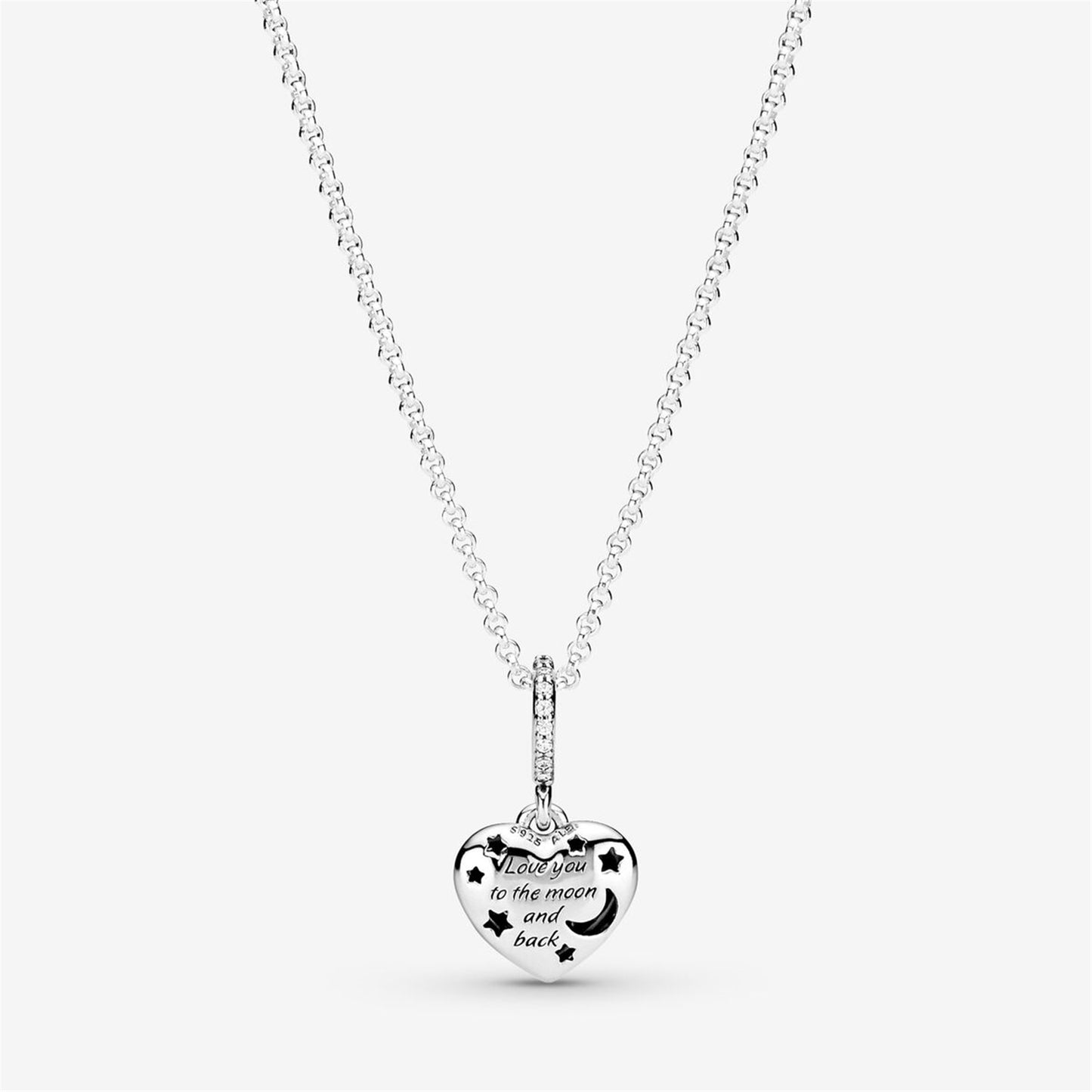 S925 Sterling Silver Sparkling Blue Moon & Stars Heart Necklace