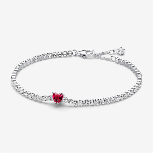 S925 Sterling Silver Red Sparkling Heart Tennis Bracelet