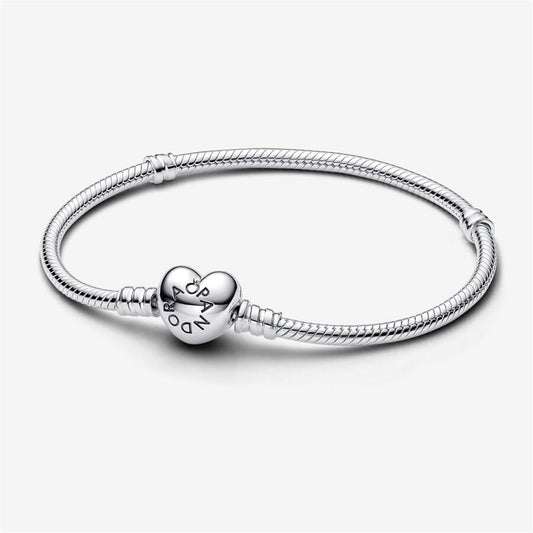 S925 Sterling Silver Moments Heart Clasp Snake Chain Bracelet