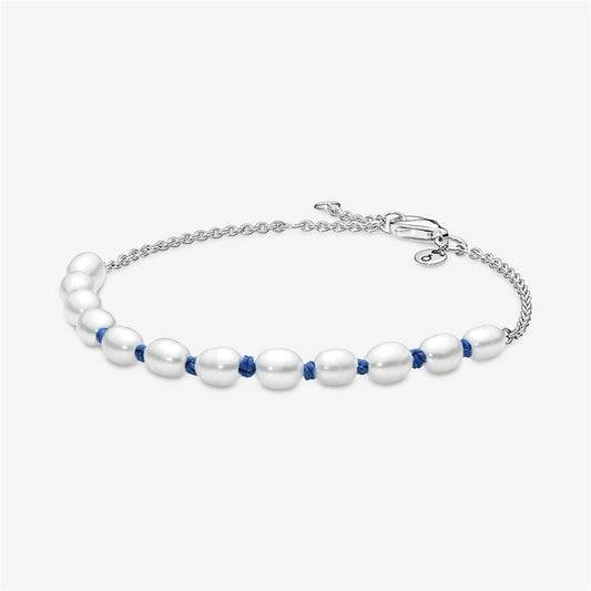 S925 sterling silver Treated Freshwater Cultured Pearl Blue Cord Chain Bracelet