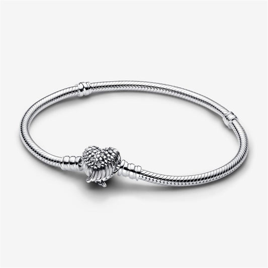 S925 Sterling Silver Heart Wings Clasp Snake Chain Bracelet