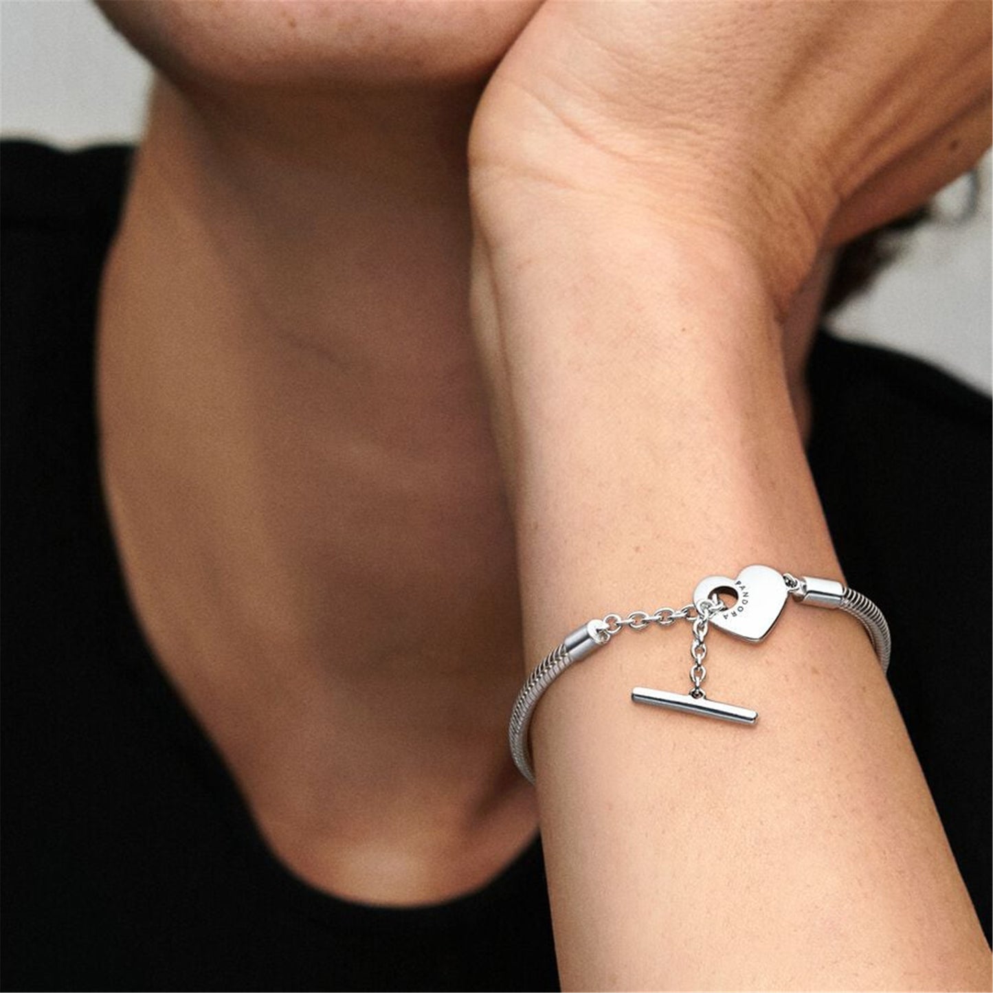 S925 sterling silver Moments Heart T-Bar Snake Chain Bracelet