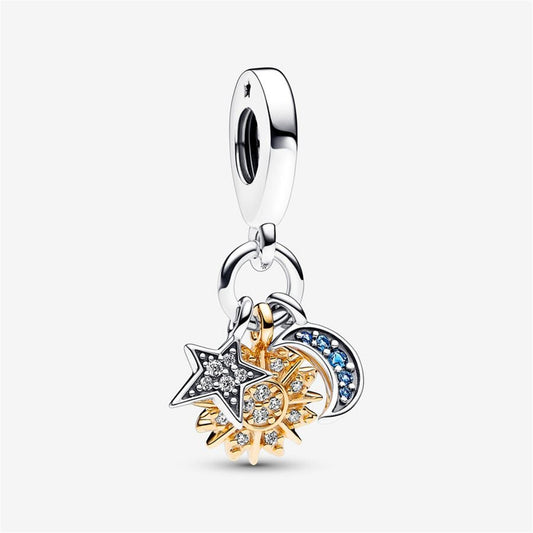 S925 Sterling Silver Two-tone Celestial Triple Dangle Charm