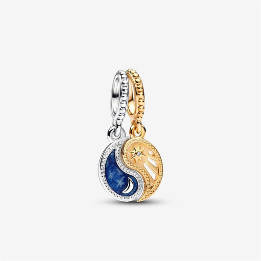 S925 Sterling Silver Two-tone Splittable Sun & Moon Dangle Charm
