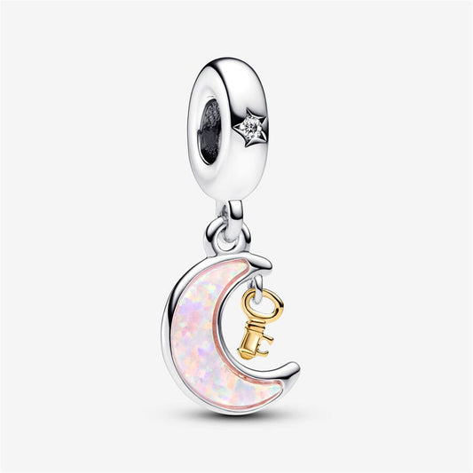 S925 Sterling Silver Two-tone Key & Moon Dangle Charm