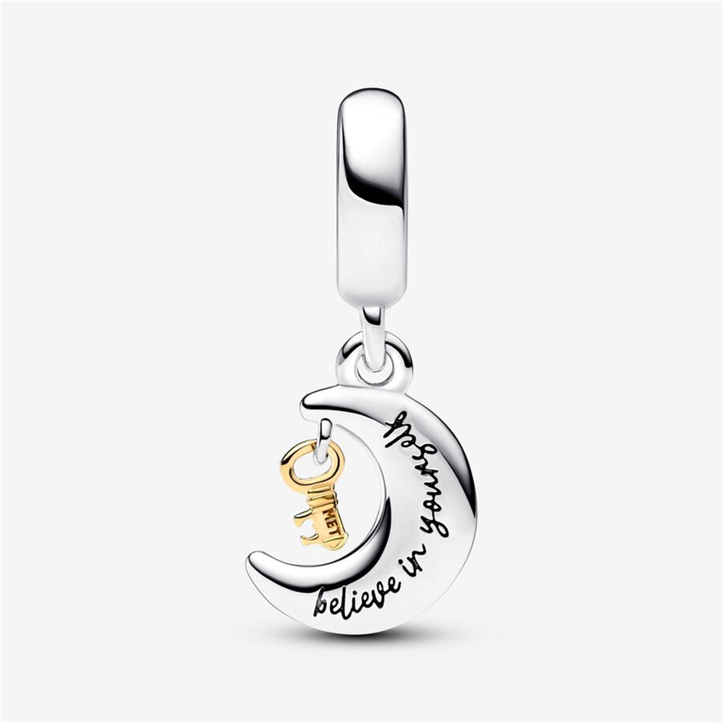 S925 Sterling Silver Two-tone Key & Moon Dangle Charm