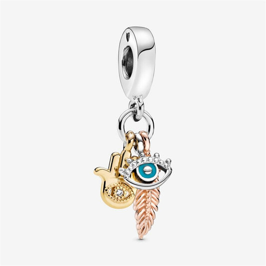 S925 Sterling Silver Hamsa, All-seeing Eye & Feather Spirituality Dangle Charm