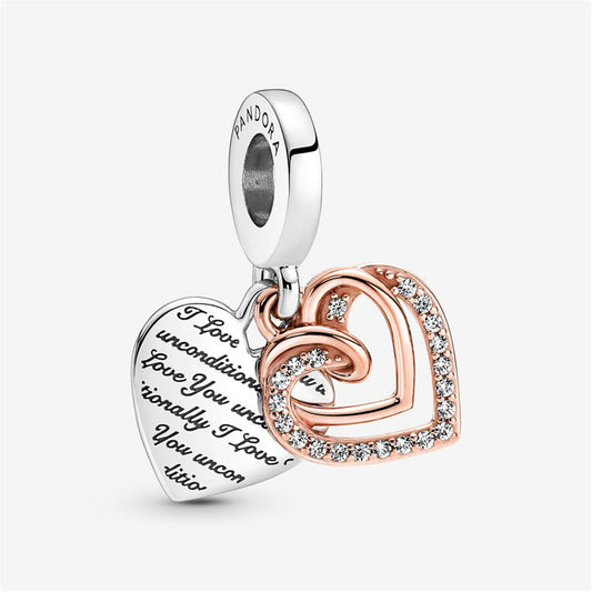 S925 Sterling Silver Entwined Hearts Double Dangle Charm