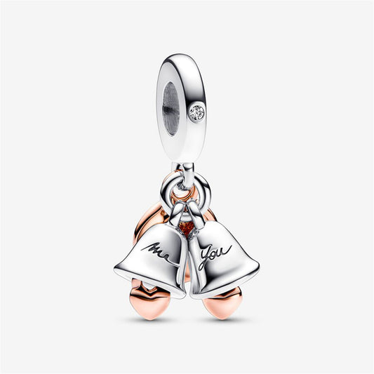 S925 Sterling Silver Two-tone Wedding Bells Double Dangle Charm