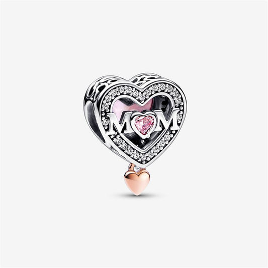 S925 Sterling Silver Two-tone Openwork Mum & Heart Charm
