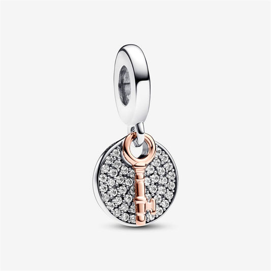 S925 Sterling Silver Two-tone Key to Happiness Double Dangle Charm