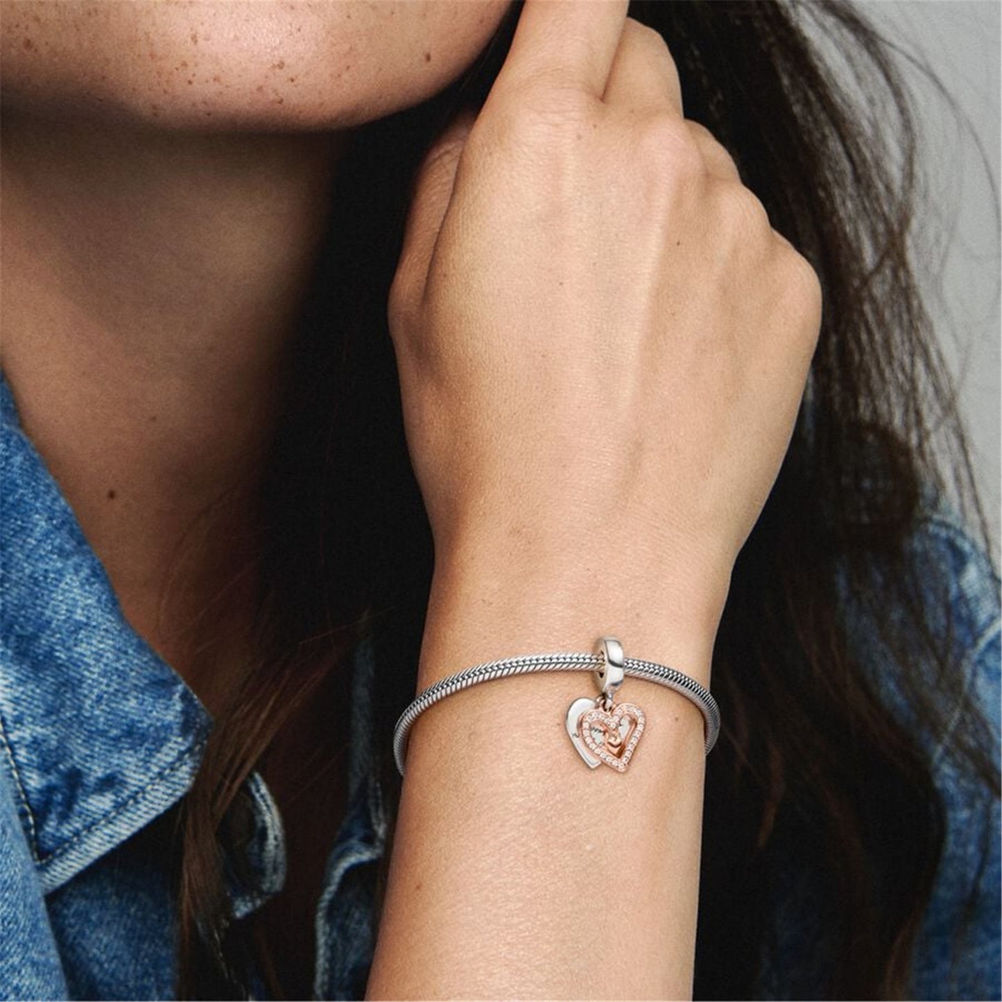 S925 Sterling Silver Sparkling Freehand Heart Dangle Charm