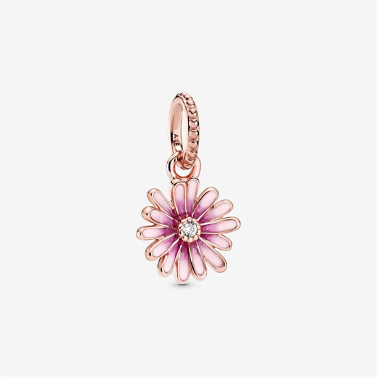 S925 Sterling Silver Pink Daisy Flower Dangle Charm