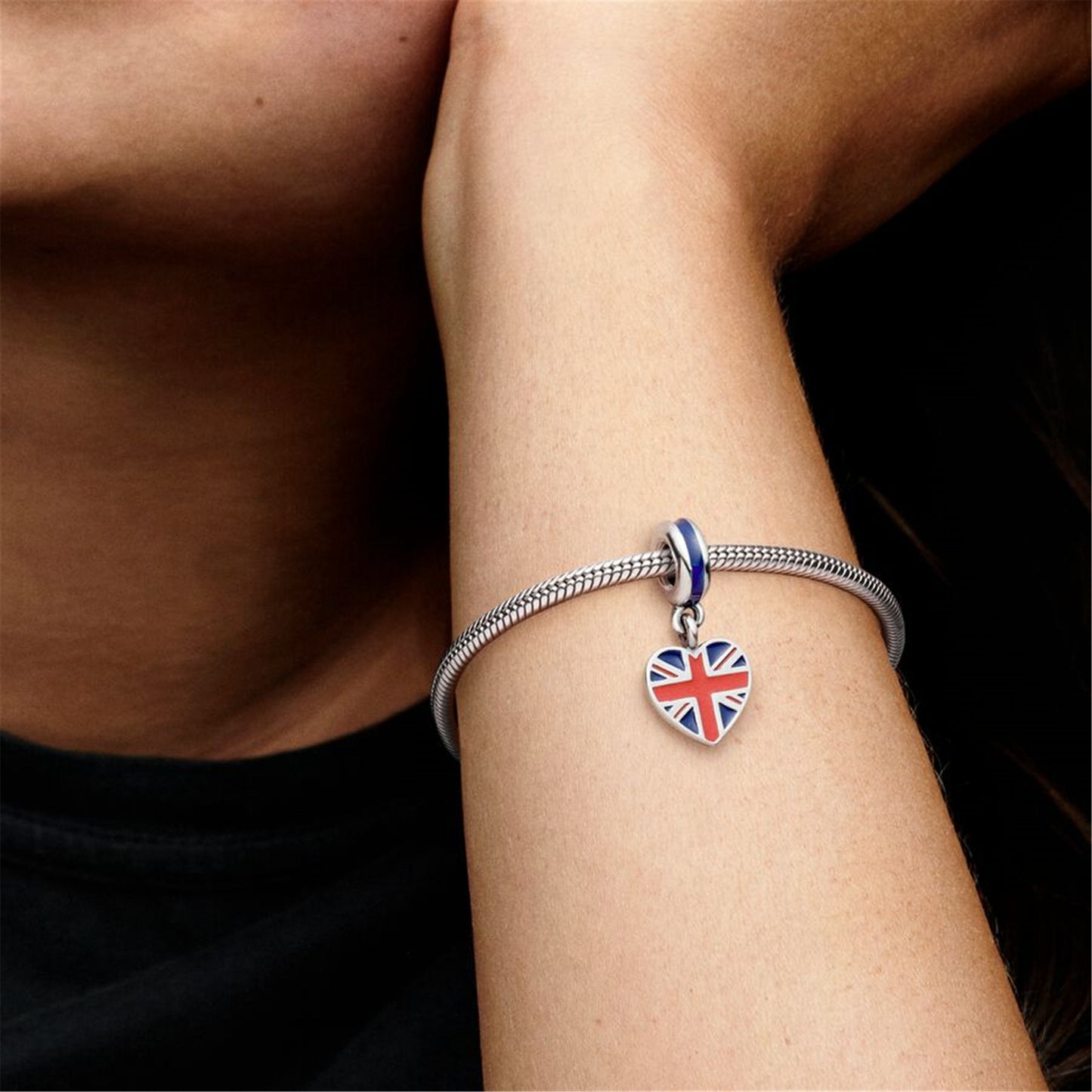 S925 Sterling Silver Great Britain Union Jack Heart Dangle Charm