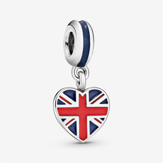 S925 Sterling Silver Great Britain Union Jack Heart Dangle Charm