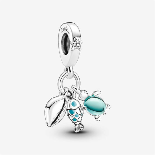 S925 Sterling Silver Fish, Sea Turtle & Conch Triple Dangle Charm