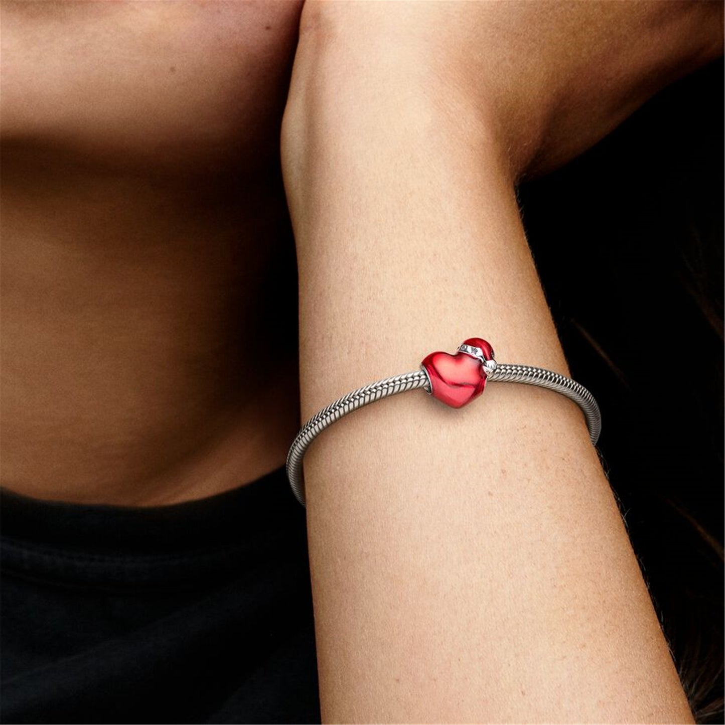 S925 Sterling Silver Metallic Red Christmas Heart Charm