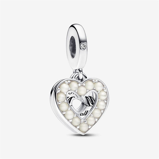 S925 Sterling Silver Pearlescent White Heart Mum Double Dangle Charm