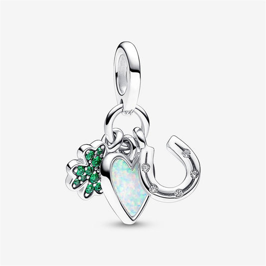 S925 Sterling Silver Four Leaf Clover, Heart and Horseshoe Triple Dangle Charm