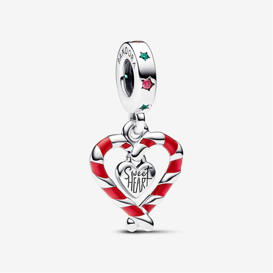S925 Sterling Silver Double Candy Cane Heart Christmas Dangle Charm