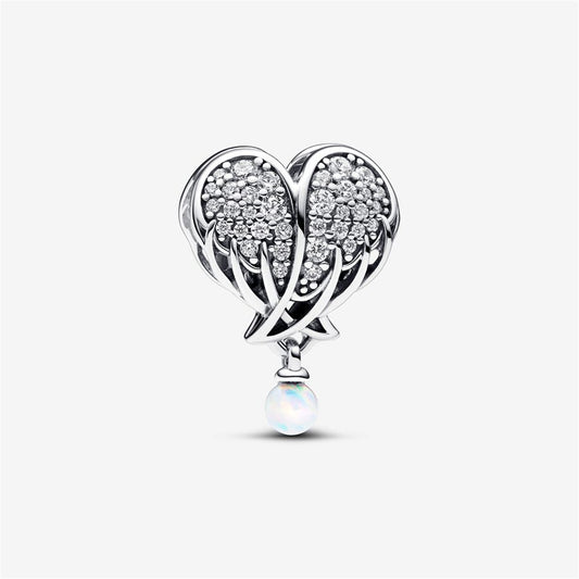 S925 Sterling Silver Sparkling Angel Wings & Heart Charm